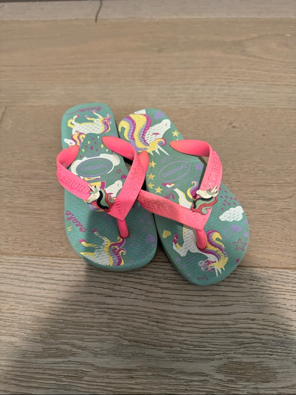 Havaianas Kids Unicorn Flip Flops in Teal and Bright Pink eu 27-28  US10.5-11